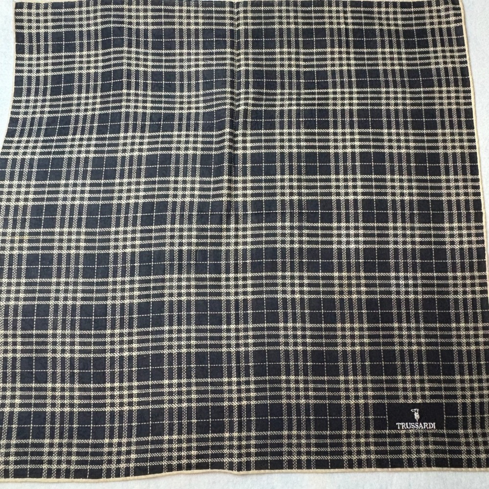 Vtg TRUSSARDI Scarf Handkerchief Plaid Cotton Black Beige Logo 19.5"